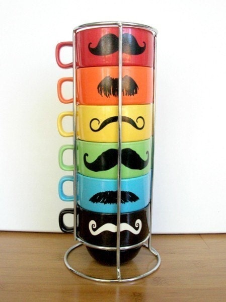 Upcycled Modern Stacking Mustache Mugs With Holder