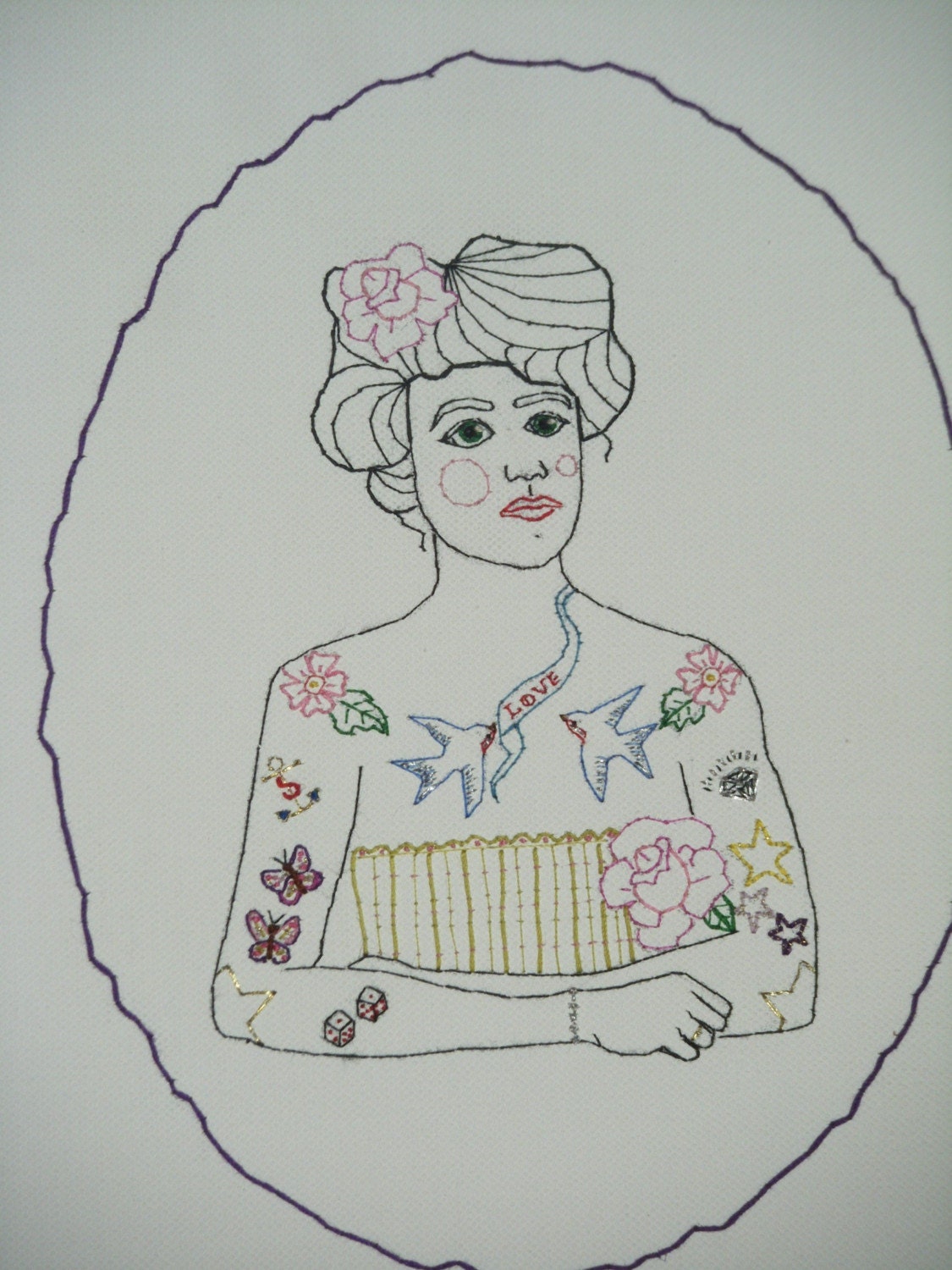 Hand embroidered  art canvas  Unique design The tattooed lady