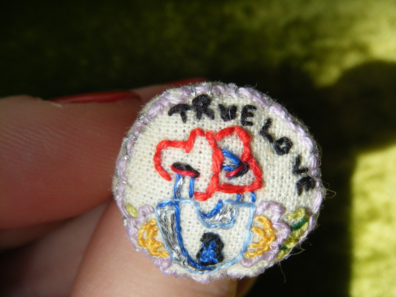 Hand embroidered  art piece 'True love' ring