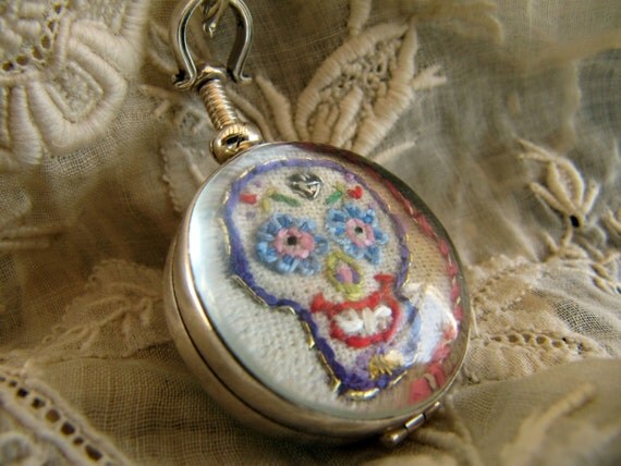 Hand Embroidered  Art Piece in a Two Sided Glass Locket , Sterling Silver Mounted Pendant