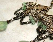 Gemstone Long Chandelier Earrings - Antique Brass Filigree Green Swarovski Crystal Boho beaded Jewelry 'Gypsy Romance'