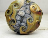 Handmade Lampwork Glass Bead, Etched Organic Lentil Focal Brown Gold Ivory 'Honeycomb'