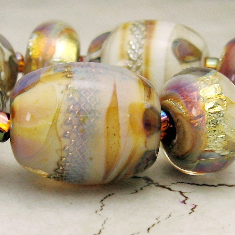 Artisan Handmade Lampwork Glass Beads Iridescent Silver Mesh Wire 'Silvered Honey'