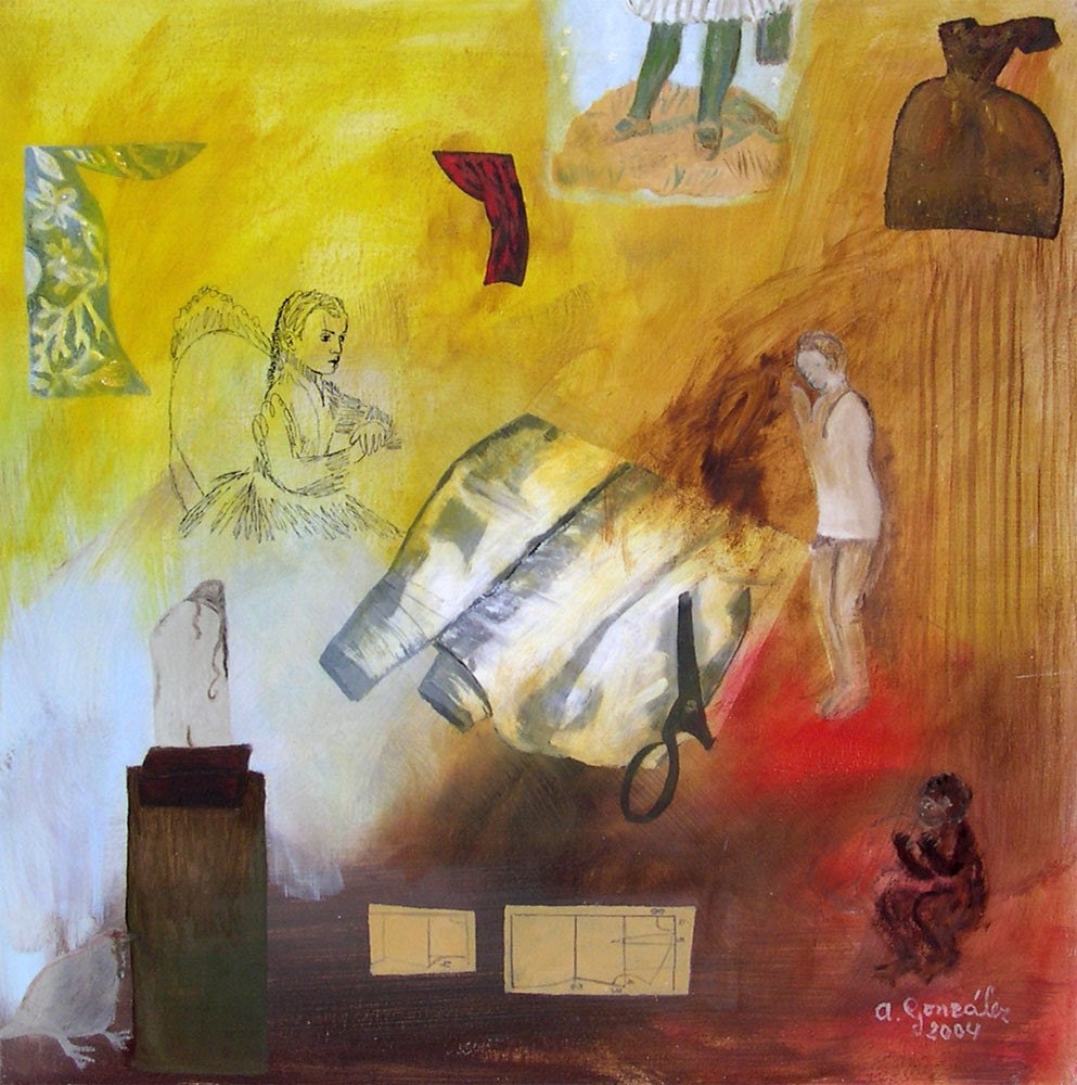 Original Painting abstract figurative 24x24 mixed media wood victorian woman bird monkey yellow red blue brown