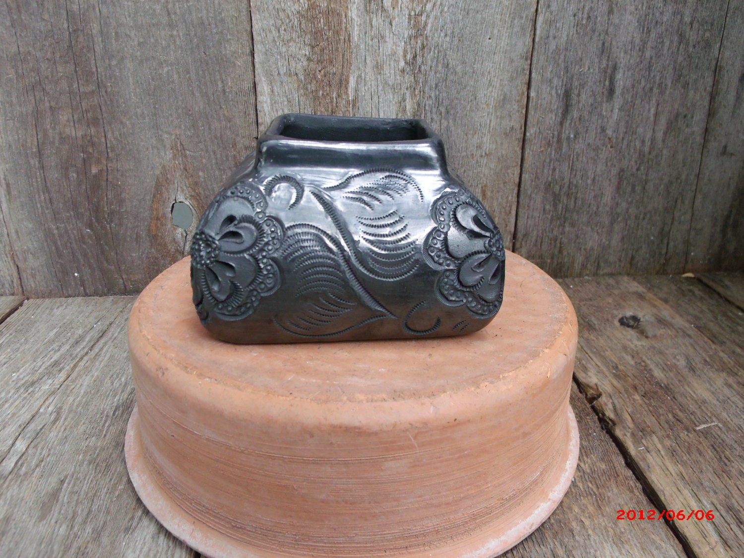 Vintage Black Pottery Dona Rose Oaxacan Mexico Square Dish Bowl