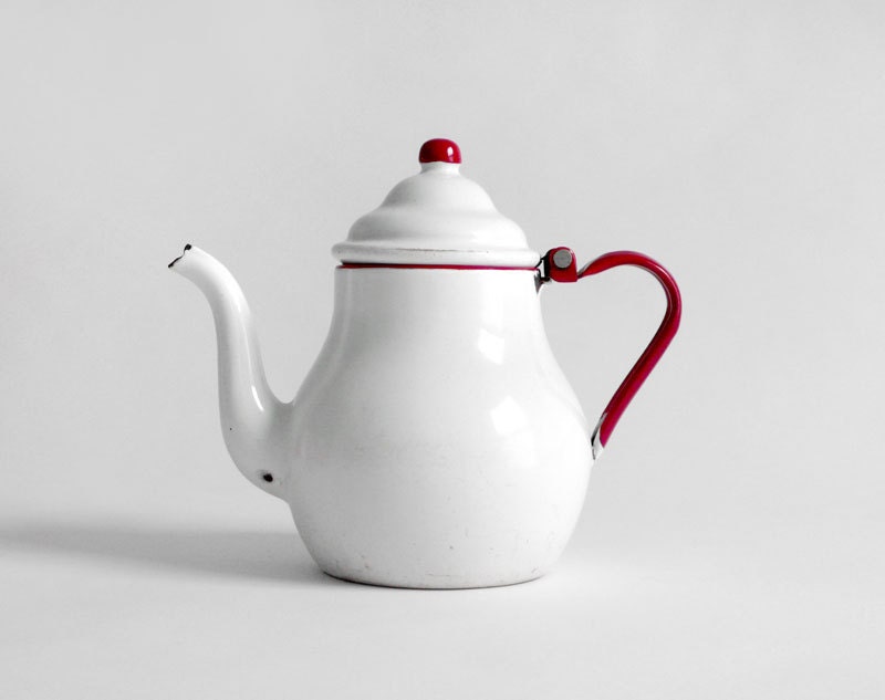 Vintage Enamel Tea Pot - Mid Century, Retro, Coffee, Kitchen, Enamelware