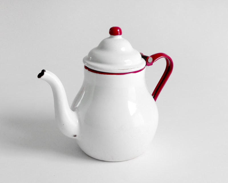 Vintage Enamel Tea Pot - Mid Century, Retro, Coffee, Kitchen, Enamelware