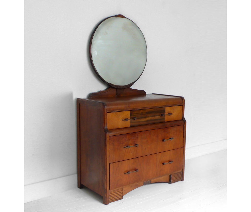 Vintage Art Deco Wood Dresser - Mid Century, Cabinet, Drawer, Furniture, Retro