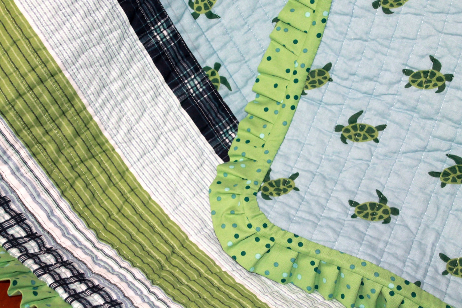 Last One Baby Quilt Sea Turtles Pale Blue and Green Crib Quilt