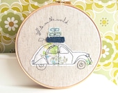 Embroidery Hoop Art - 'Off to see the world' Textile illustration of a French 2CV car in blue & green - 8" hoop