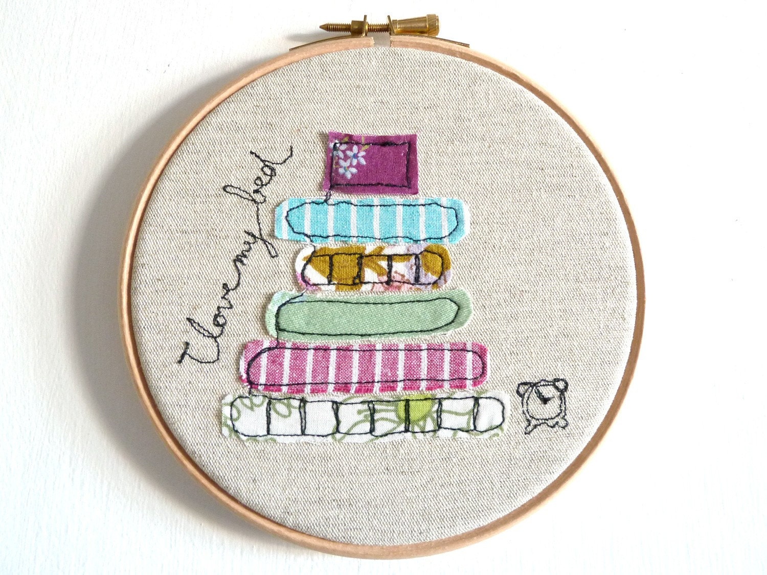 Embroidery Hoop Art - 'I love my bed' Textile illustration in purple - Small 6" hoop