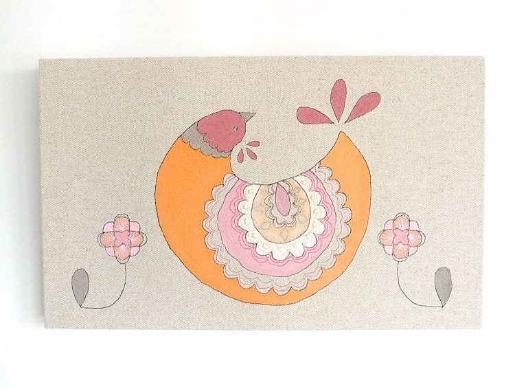 Embroidery Original Art Canvas - 'Queenie' Scandinavian Textile Artwork. Orange, pink, raspberry