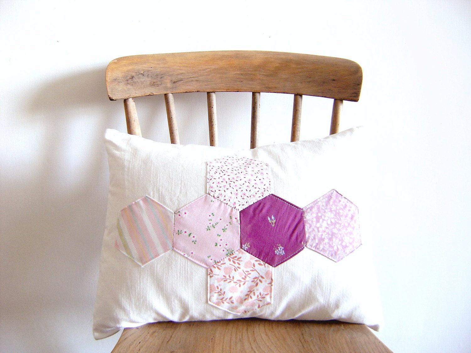 Patchwork Pillow Cover - Hexagons or Honeycomb Patchwork cushion in purple and pink 16 x 12