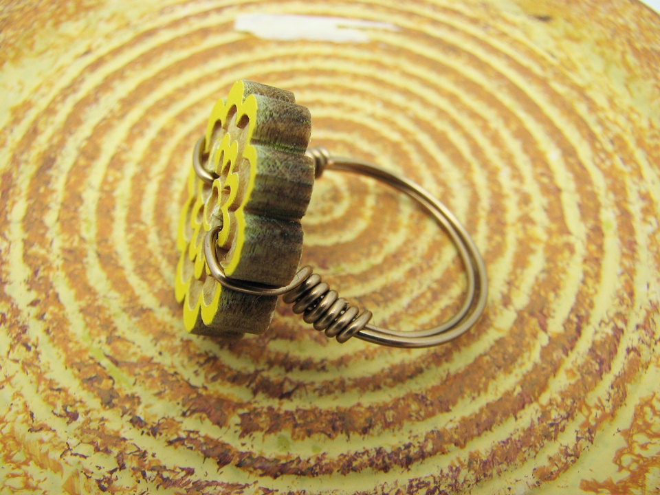 May SALE Wooden Button Ring. Wire Wrapped Floral Button Ring. Yellow Daisy.