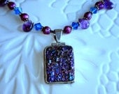 Midnight Blue Titanium Drusy Amethyst Freshwater Pearls Sterling Silver Pendant Necklace Earrings
