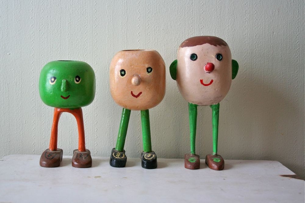 Vintage Antique Wooden Hand Carved Sculptures - Painted Folk Art Wooden - SALE Was 125.00