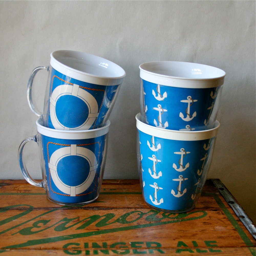 Vintage Nautical Thermal Mugs Tumblers Plastic Midcentury Boating SALE