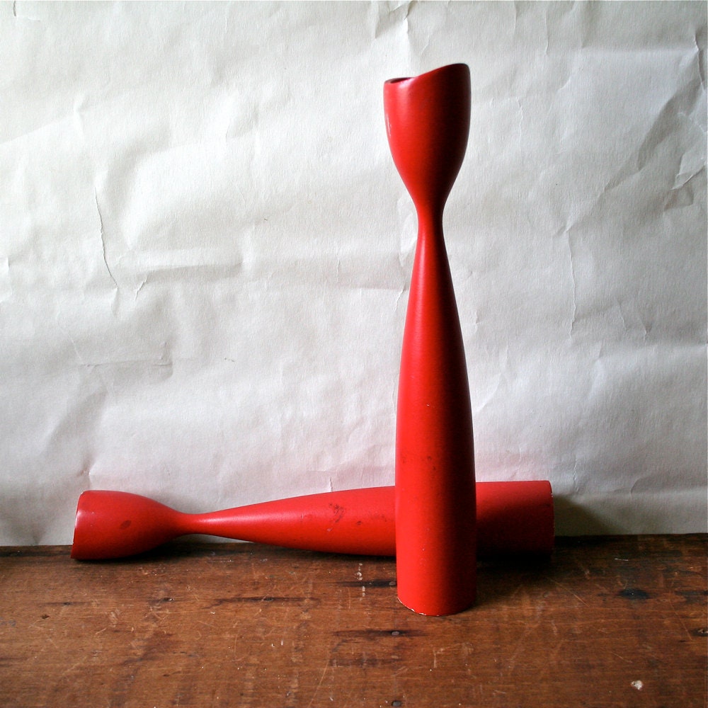Vintage Danish Wooden Candle Holders Candlesticks Red Modern Wood