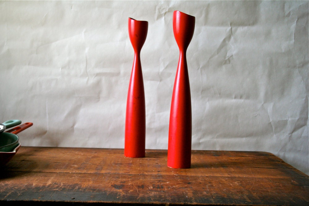 Vintage Danish Wooden Candle Holders Candlesticks Red Modern Wood