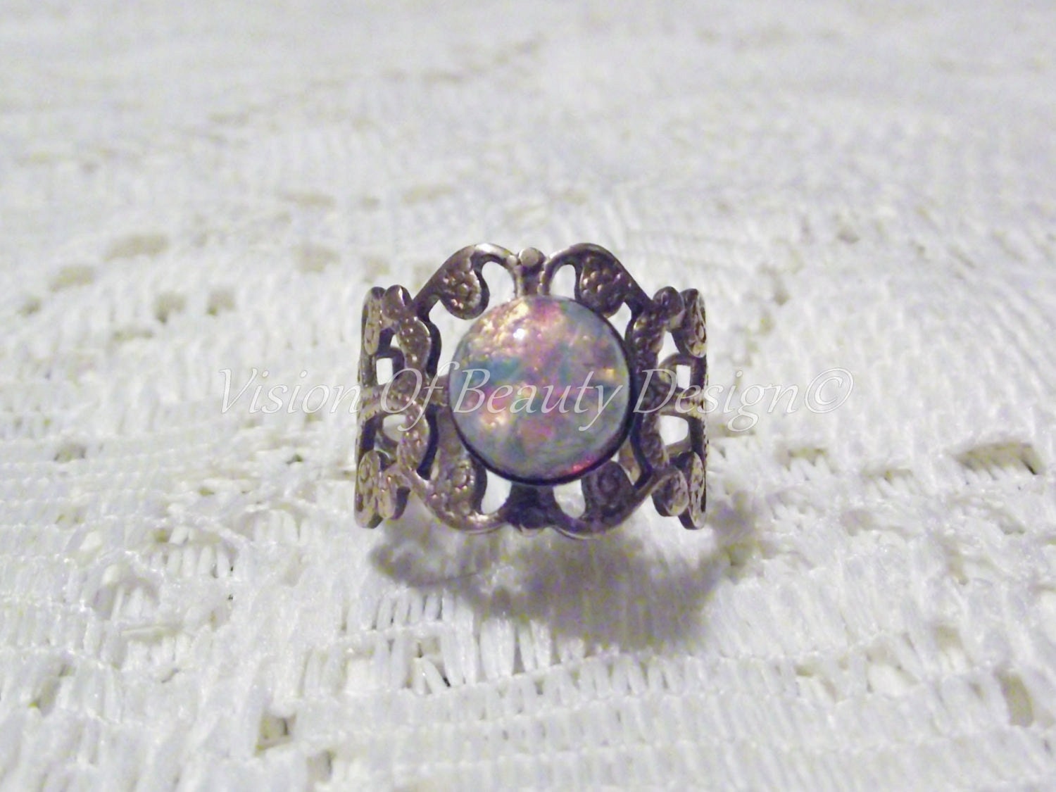 Vintage Style Fire Opal Filigree Ring