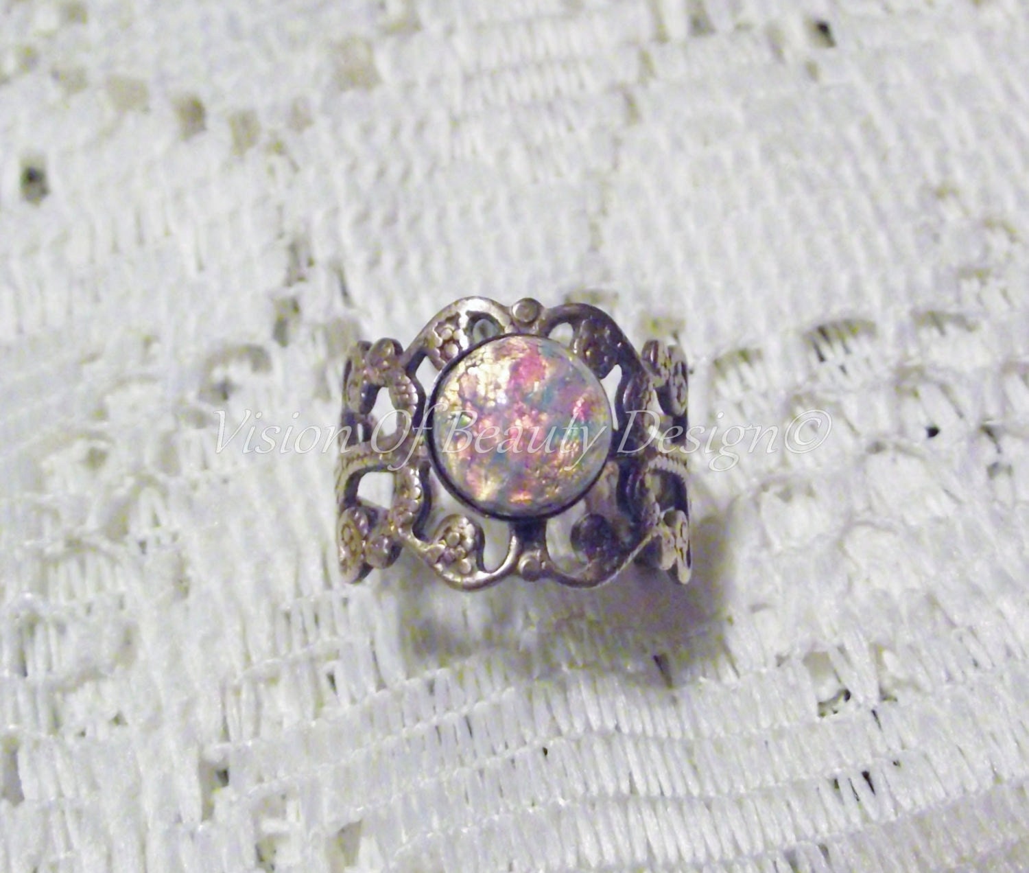 Vintage Style Fire Opal Filigree Ring