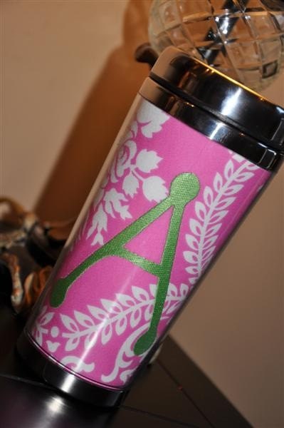 Personalized Embroidered Coffee Mug Travel Beverage Tumbler Stainless Steel HOT PINK DAMASK