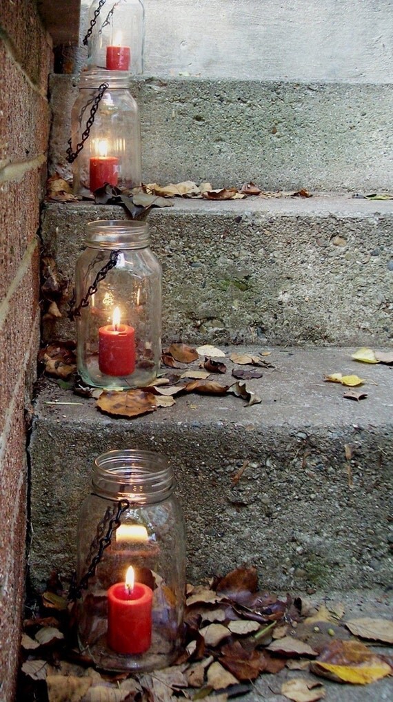 Mason Jar Lanterns or lights (set of 4), clear hanging jars for wedding decor