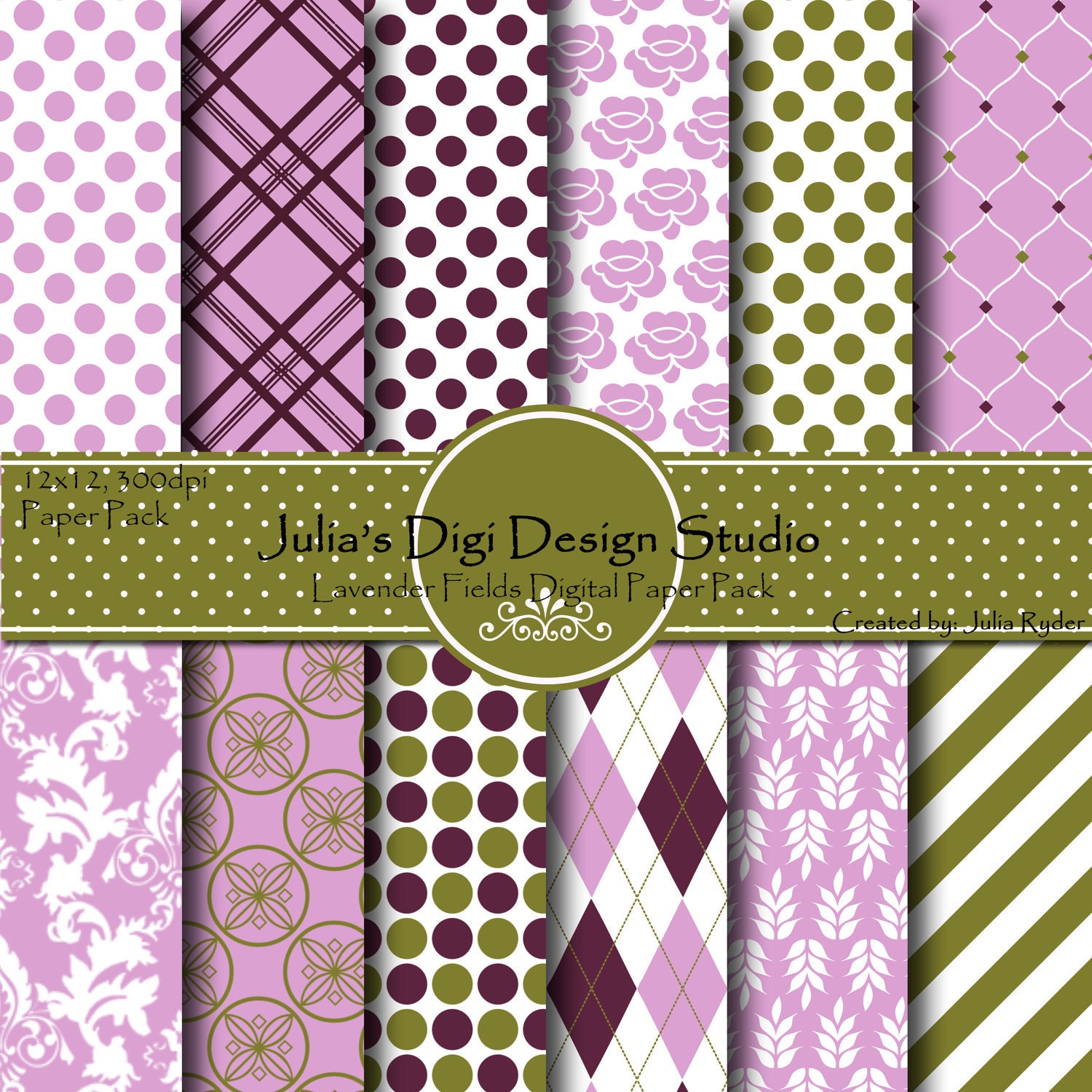 Digital Paper Pack,Lavender Fields Collection - 12 Digital Papers - 12x12 300DPI