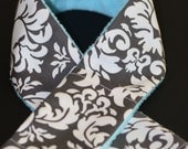 Camera Strap Slipcover Slip Cover Grey and White Damask with Aqua Minky Free Lens Cap Pocket