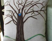 Handmade Spring Tree Pillow- Needle Felt by Hand, nature, throw pillow, cushion, decorative pillow, wool, bluebird, woodland