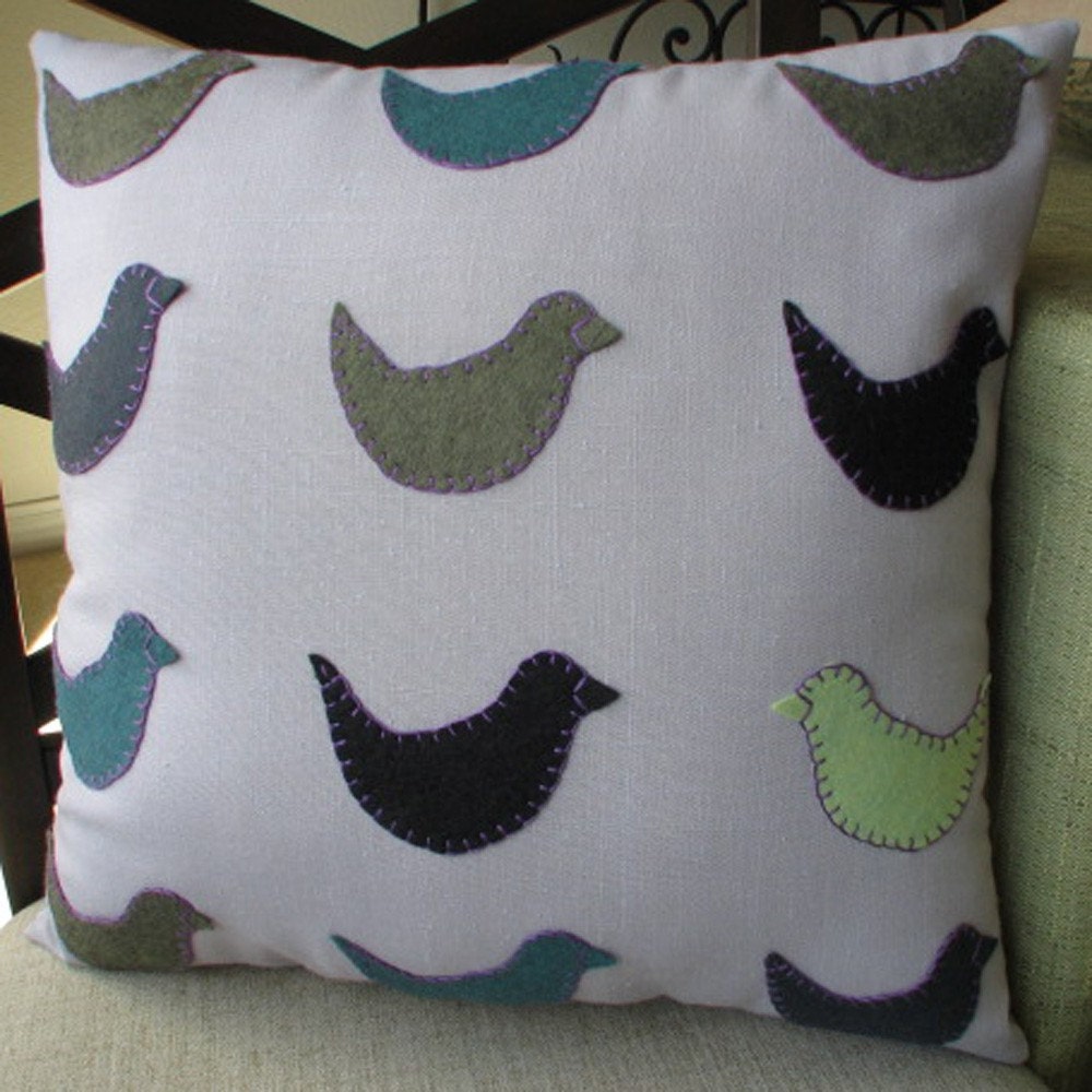 Decorative Pillow -- Hand Embroidered Wool Bird Pillow Lavender and Green, cushion, throw pillow