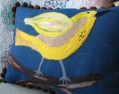 Decorative Pillow -- Bird-Lover's Handmade Wool Folk Art Pillow, cushion, throw pillow