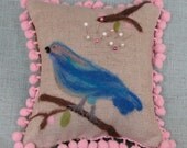 Bluebird of Happiness Pin Cushion -- Felted Wool on Linen, eco friendly, needle felt, wool, organic linen, one of a kind