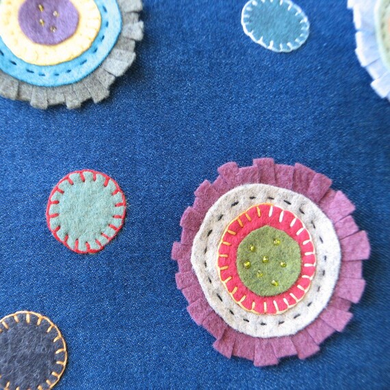 Handmade Wool Felt Flowers on Denim -- Charming Folk Art Pillow, cushion, accent pillow, embroidery, beads, shabby chic