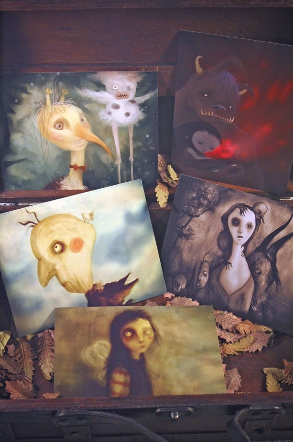 Set of 5 original Postcards - STRANGE FRIENDS - Mini Print Set - fairy tale magical creatures freak imaginary friend monsters magic forest