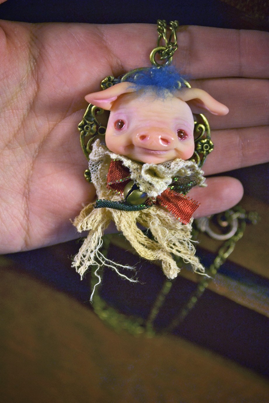 Roberto the pig necklace pendant ooak art doll pure sculpt