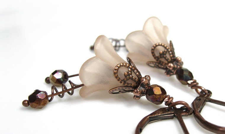 Vintage Style Lucite Flower Earrings, Champagne Beige, Copper Bronze, Dangle Earrings, Feminine Jewelry, For Her, Rose Smoke, Shabby Chic