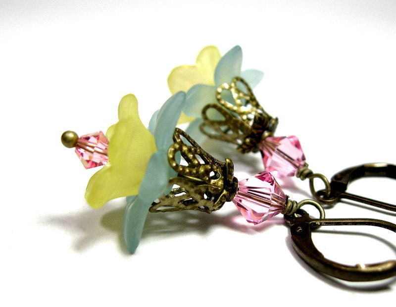 Pink Yellow Blue Vintage Style Flower Earrings, Colorful Jewelry, Pastel, Baby Blue Spring Flowers, For Her, Gift Ideas for Women