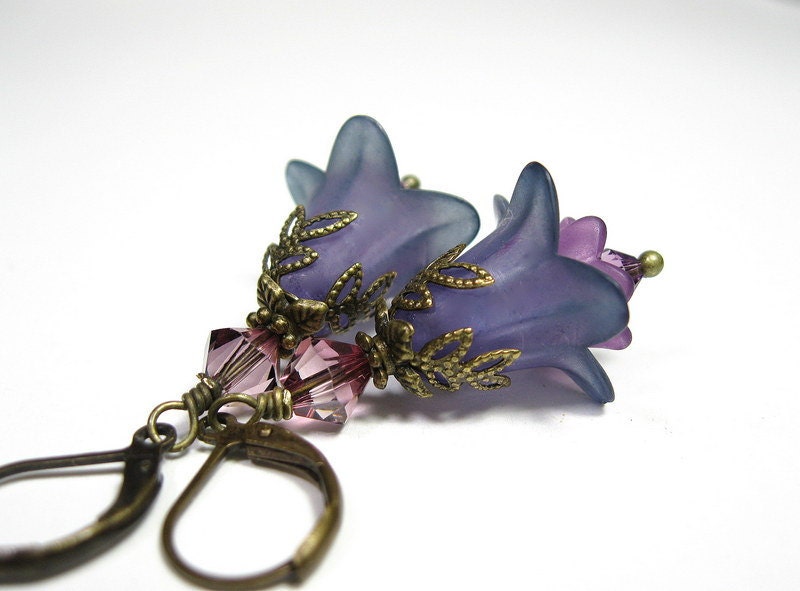 Lavender Blue, Teal, Crystal Flower Earrings