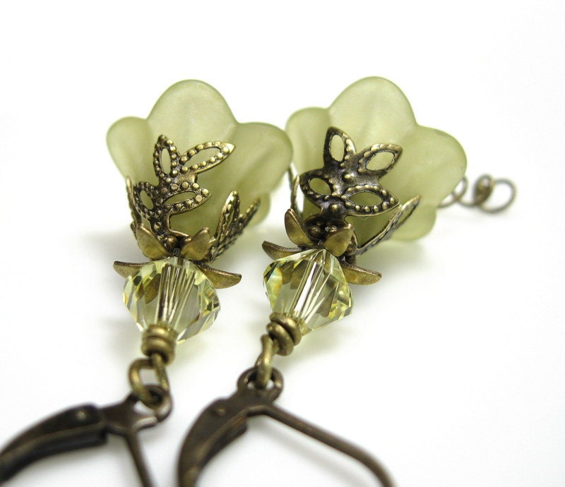 Light Olivine, Flower Earrings, Swarovkski, Lucite, Brass