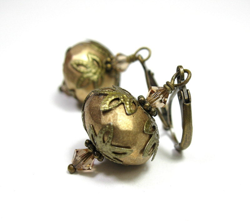 Vintage Style Czech Glass Earrings, Metallic, Honey Gold, Womens Accessories, Shimmering, Gifts for Her, Fashion Jewelry, Dangle Earrings