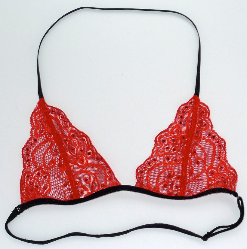 Red Lace Bra Black Trim Burlesque Triangle Bra Swarovski Crystals