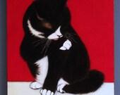 Tuxedo cat original oil painting. Charlie still Cleaning Up