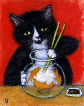 Hungry Tuxedo cat and Goldfish Bowl. Charlie's Sashimi Time. ACEO print