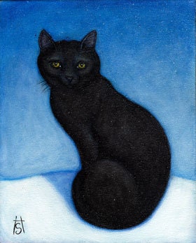 SALE Black Cat in the snow. ACEO print from painting