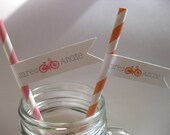 60 Custom Party Straws BICYCLE LOVE Vintage Paper Striped Drink Flag Wedding