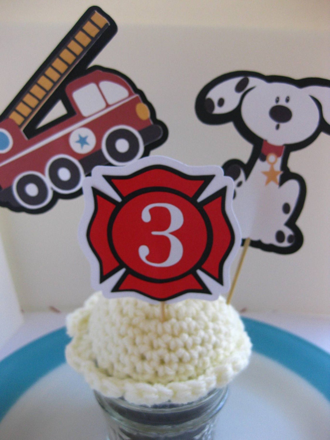 Fireman Theme Cupcake Toppers Fire Truck Dalmatian Shield