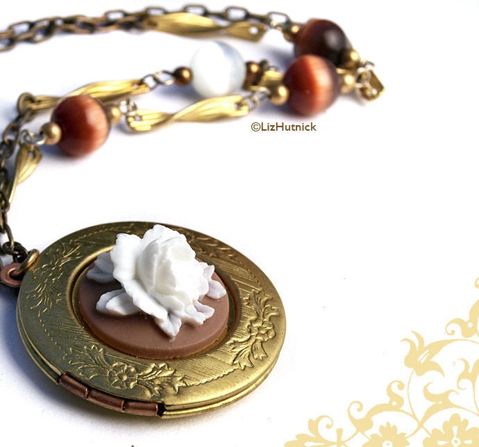 Rose Locket Necklace. Brass Locket Necklace. Statement Necklace