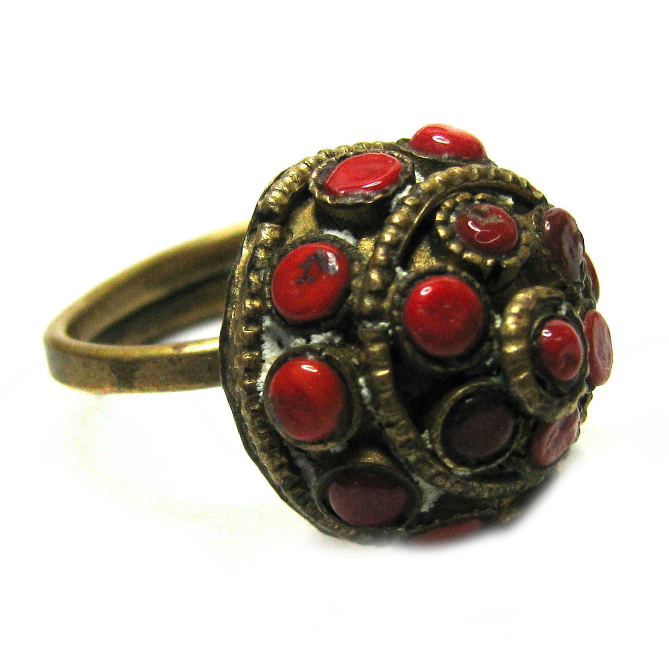 Vintage 60s Cocktail Ring . Boho Ring . Brass Ring . Red Ring . 60s Ring