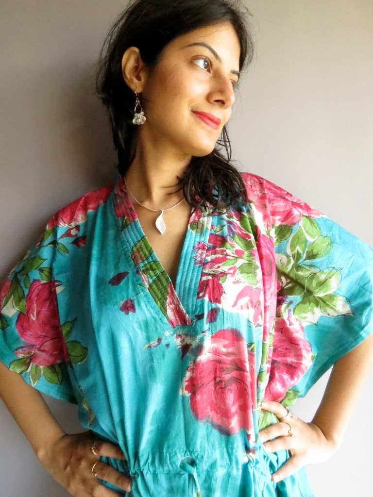 Teal Fuchsia floral kaftan - Perfect long dress, beachwear, spa robe, make great Christmas, Valentine Day, Anniversary or Birthday gifts